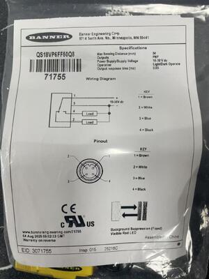 ব্যানার QS18VP6FF50Q8 উচ্চ-নির্ভরযোগ্যতা ফিক্সড-ফিল্ড ফটোইলেকট্রিক সেন্সর